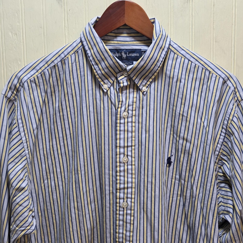Ralph Lauren Dress‎ Shirt Mens 16 34/35 Blue Stripe Yarmouth Classic Cotton LS